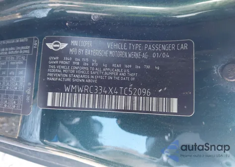 2004 Mini Cooper from USA, damaged, VIN WMWRC334X4TC52096